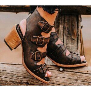 Freebird Steven Quail Black Brown Leather Buckle Cut-Out Low-Heel Sandal Booties